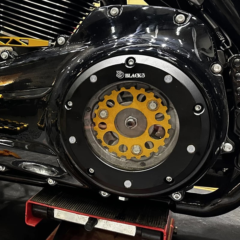 clear derby cover with clutch spoke plate for Harley-Davidson M8, product front view