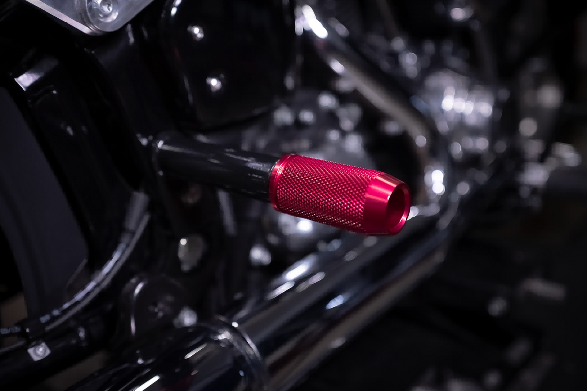 CNC crashbar sliders for Harley-Davidson, red, installed