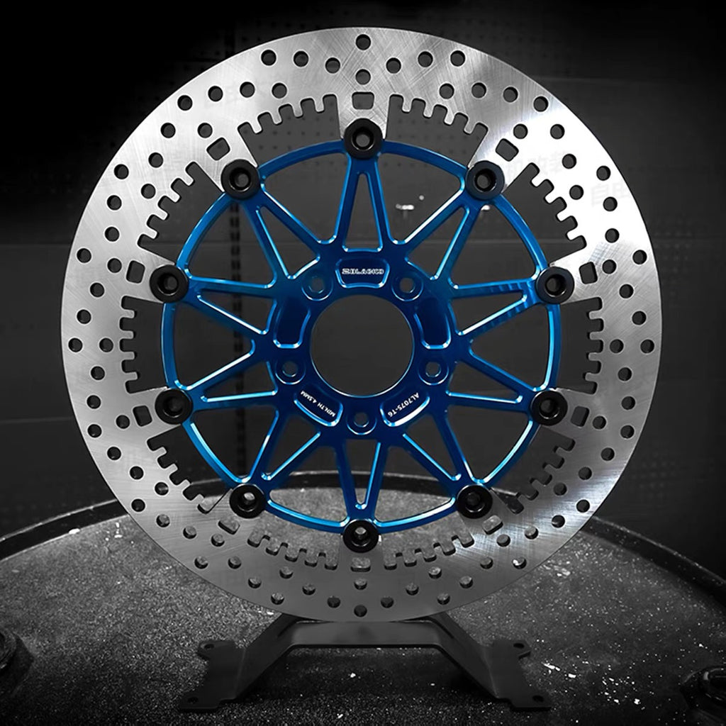 Black3 floating brake rotor for Harley-Davidson, blue anodized carrier, front view