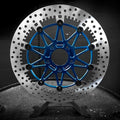 Black3 floating brake rotor for Harley-Davidson, blue anodized carrier, front view