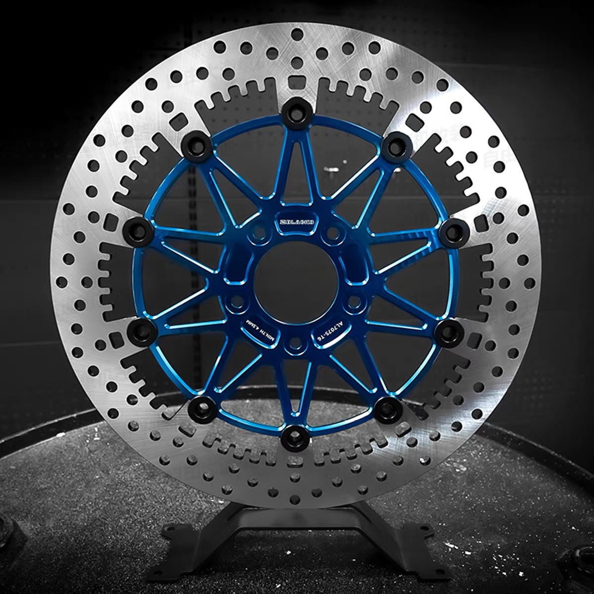 Black3 floating brake rotor for Harley-Davidson, blue anodized carrier, front view