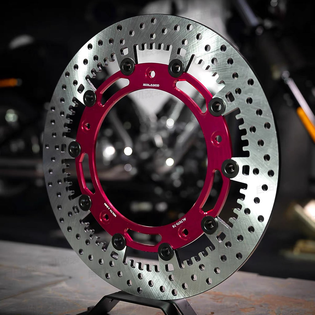 Black3 floating brake rotor for Harley-Davidson, red anodized large 5-bolt carrier