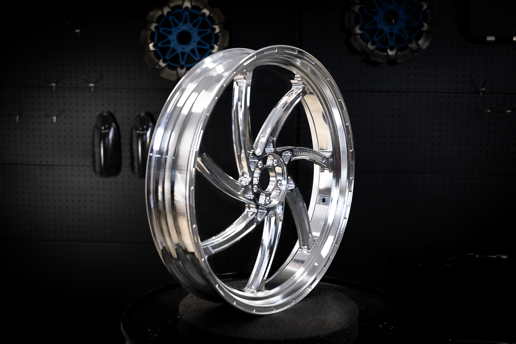 GP4.0 lightweight forged wheel for Harley-Davidson, aluminum, side view in the workshop