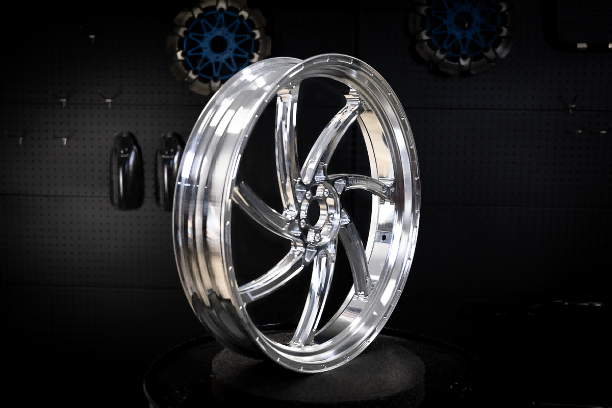 GP4.0 lightweight forged wheel for Harley-Davidson, aluminum, side view in the workshop